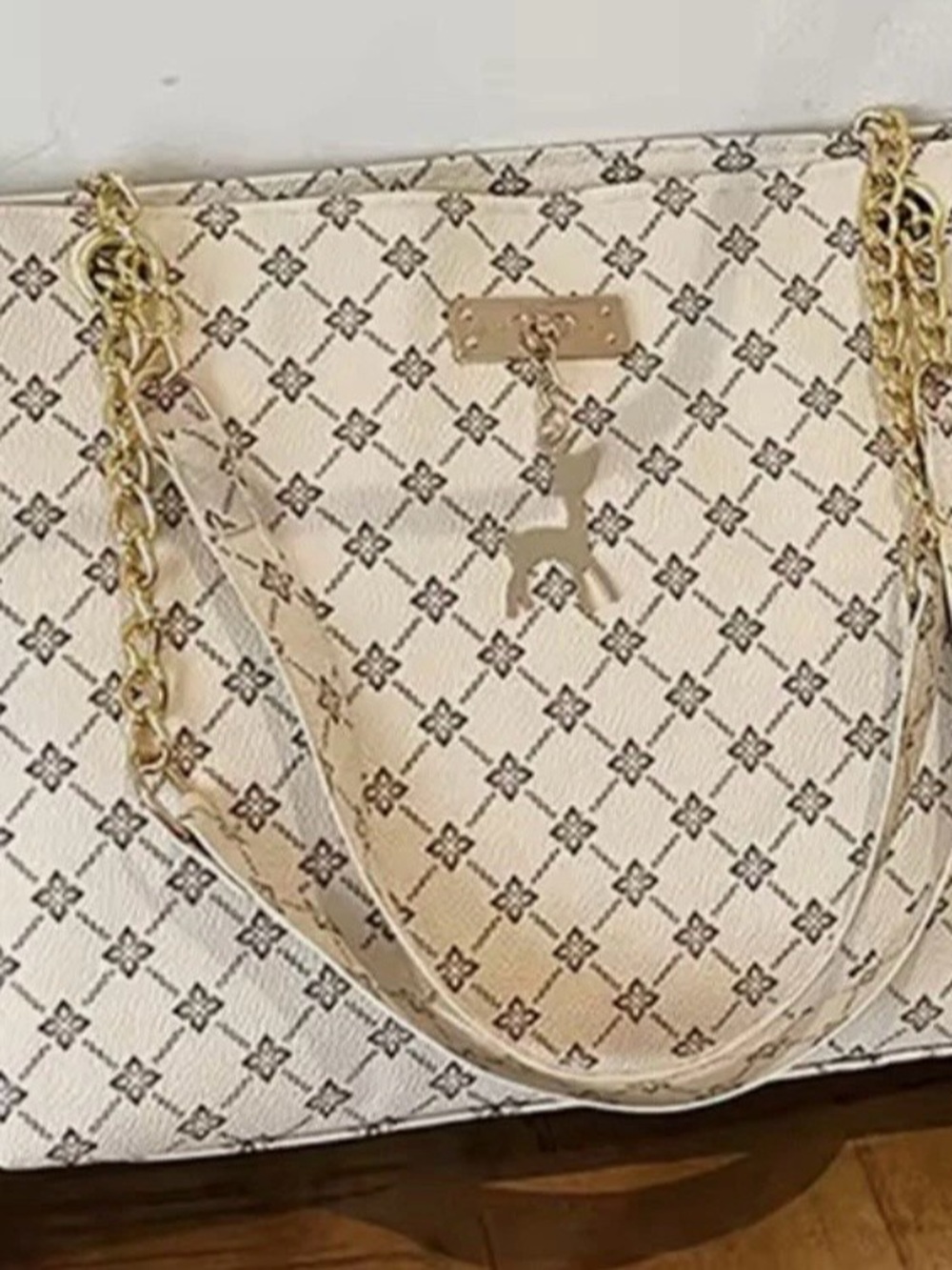 Cream Patterned Tote with Gold Chain Handles